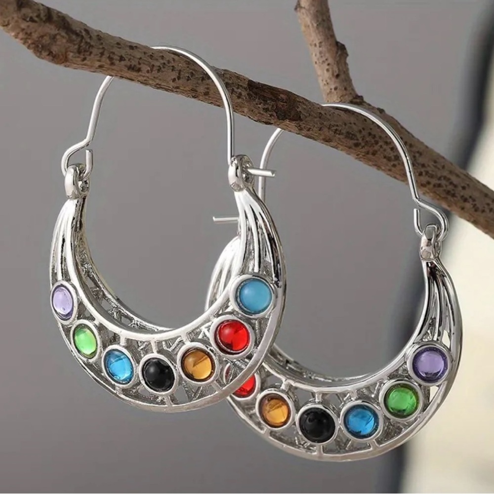 Retro Colored Gemstone Crescent Bohemian, Gypsy Beads Hoop, Silvertone Earrings